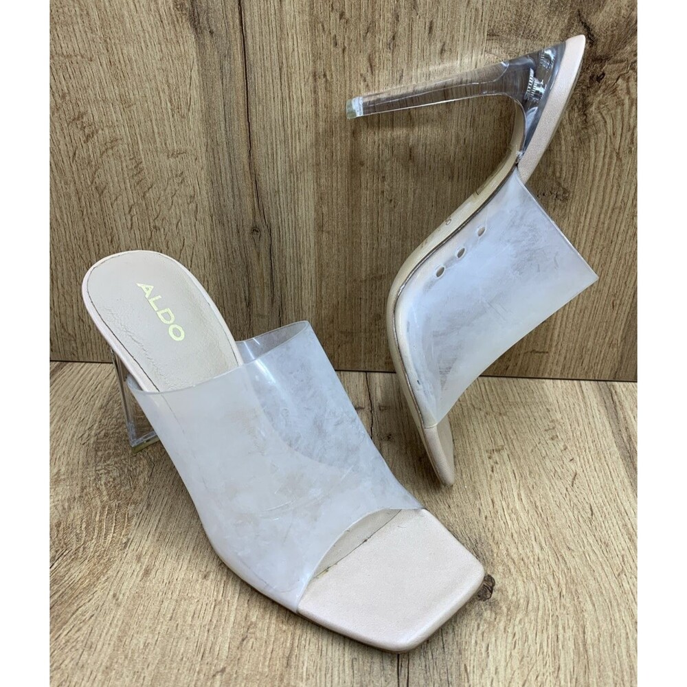 Aldo Ybendaviel Women's Glass Flat High Heel Square Toe Sandals Nude 7 Frosted